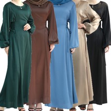 Muslim Kaftan Women Solid Color Long Sleeve Maxi Dress Dubai Abaya Evening Gown
