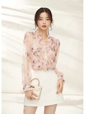 Women 100 Real Mulberry Silk Ruffles Long Sleeve Button Shirt Top Ladies Office