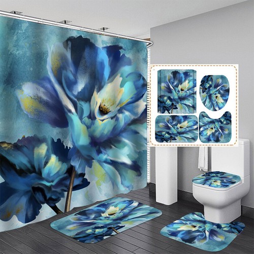 3D Flower Bathroom Shower Curtain Non-slip Bath Mat Toliet Cover Pedestal Rug - Picture 19 of 26