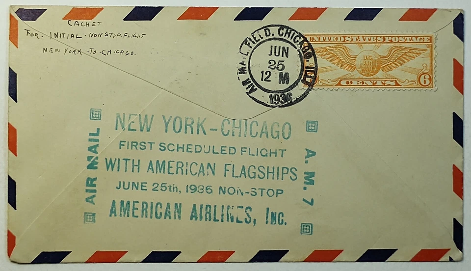 1932-36 New York First Flight AM7 to Chicago Winged Globe Airmail Cover SC #C19 - Image 2 of 2