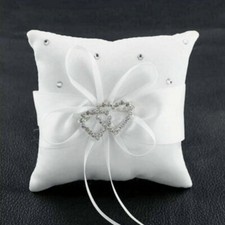 White Satin Ring Cushion Double Heart Rhinestone Wedding Ring Pillow 10*10cm