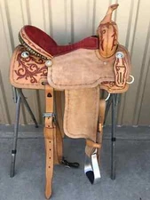 Western Brown Leather Hand Carved Ranch Roper Saddle with Marron Padded Seat