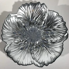 Large Modern Art Glass Metallic Silver Flower Centerpiece Fruit Bowl Plate 16”