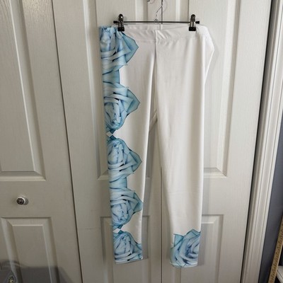 Terasa Designs Blue White Rose Floral Leggings Women s Size XL Boho Travel Comfy