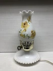 Vtg Yellow Rose Hobnail Ruffled Key Knob Hurricane Lamp Milk Glass Electric