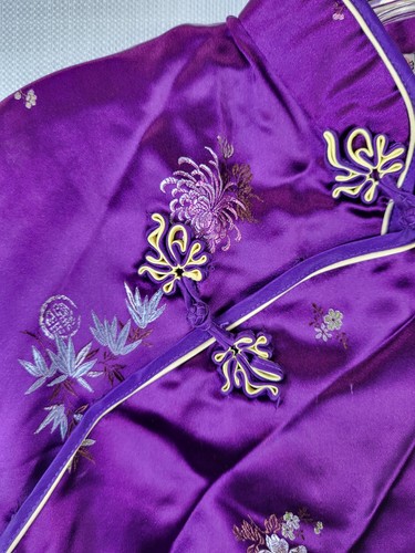 Double Peach Purple Jacquard Satin Floral Frog Button Asian Chinese Blouse 34 S - Photo 3/12