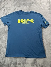 Asics Shirt Mens Large Blue Yellow Graphic Tee Athletic Japan Amsterdam USA 1977