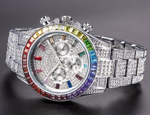 Reloj de lujo de diamantes verdes helados para hombre - Reloj pavé completo Hip-Hop Bling - Imagen 6 de 28