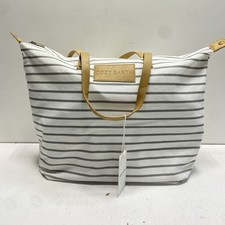 Cozy Earth Grey White Striped Canvas Large Zip Top Tote Bag Weekender NWT