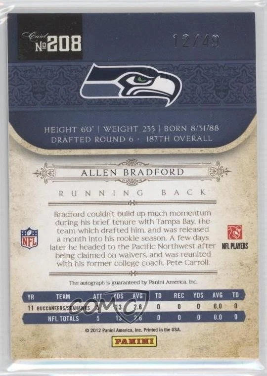 2011 Playoff National Treasures /49 Allen Bradford #208 Rookie Auto RC - Image 2 of 2