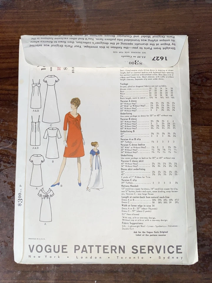 1960's Vintage VOGUE PARIS ORIGINAL Sewing Pattern  #1627 Jacques Griffe Size 18 - Image 2 of 4
