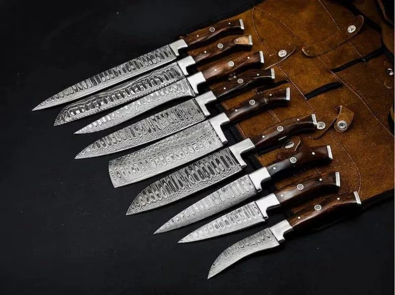 Hand-Forged Damascus Steel Chef Set | 9-Piece Set With Leather Sheath