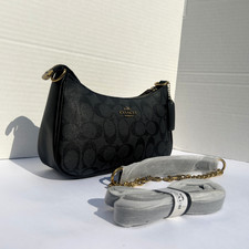 NEW COACH Black Teri Shoulder Bag In signature canvas Black/Gold CV548