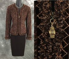 BEAUTIFUL St John couture knit brown tan fringe jacket skirt suit size 6