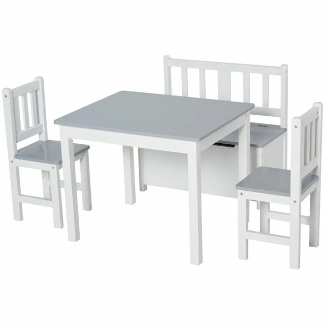 HomCom 312-001GY 4-Piece Kid's Table, Chair and Bench with Storage Feature - Grey