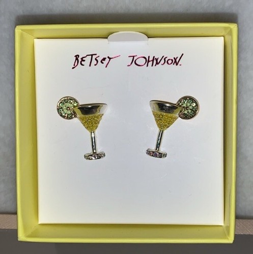 NEW Betsey Johnson Gold Tone Martini Glass With Lime Crystal Stud Earrings NIB - Picture 6 of 9