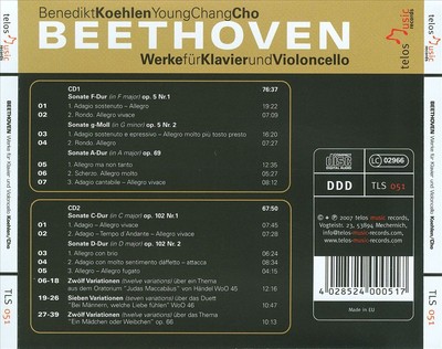 BENEDIKT KOEHLEN/YOUNG CHANG CHO BEETHOVEN: WORKS FOR PIANO & CELLO NEW CD