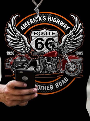 3D Route 66 Motorcycle Printed Men's Fashion Color Block Short Sleeve Round Neck - Picture 4 of 14