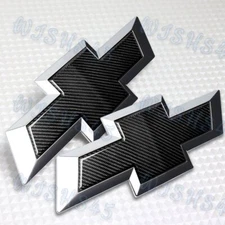 Front & Tailgate Bowtie Emblem For 16-19 Chevy Silverado 1500 Black Carbon Fiber