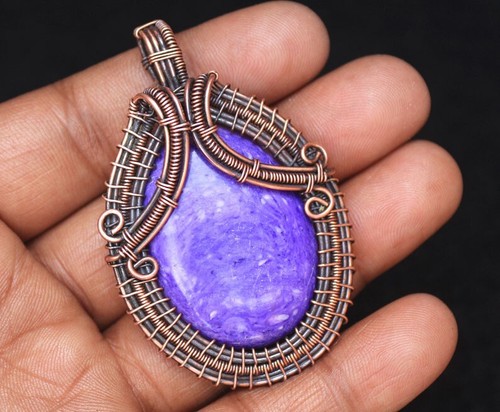 Beautiful Handmade Copper Wire Wrap Jewelry Purple Charoite Boho Pendant N410 - Picture 11 of 12