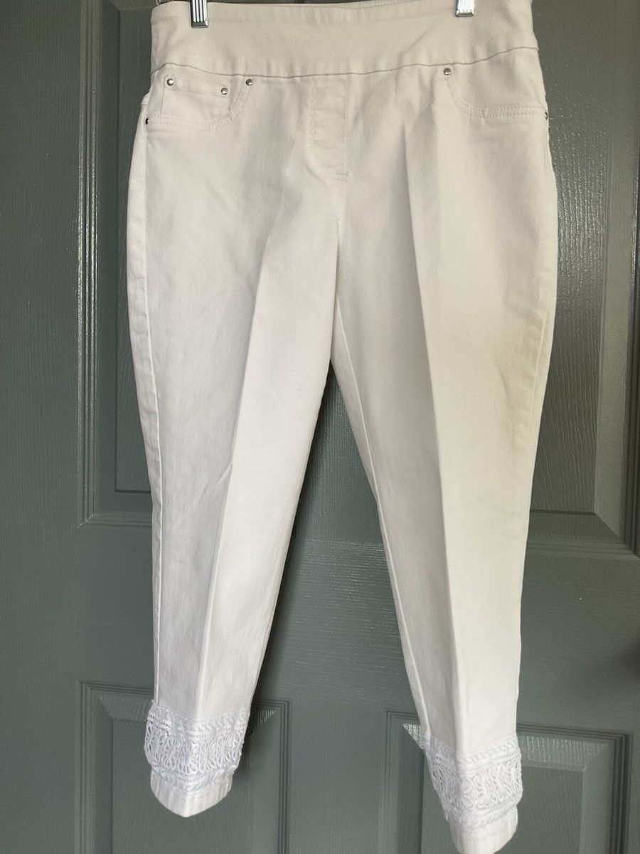 Ruby Women White Capri Pants Stretch Tummy Control Lacey