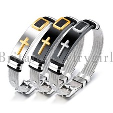 Men's Stainless Steel Mesh Prayer Cross Bracelet Bangle Wristband Adjustable