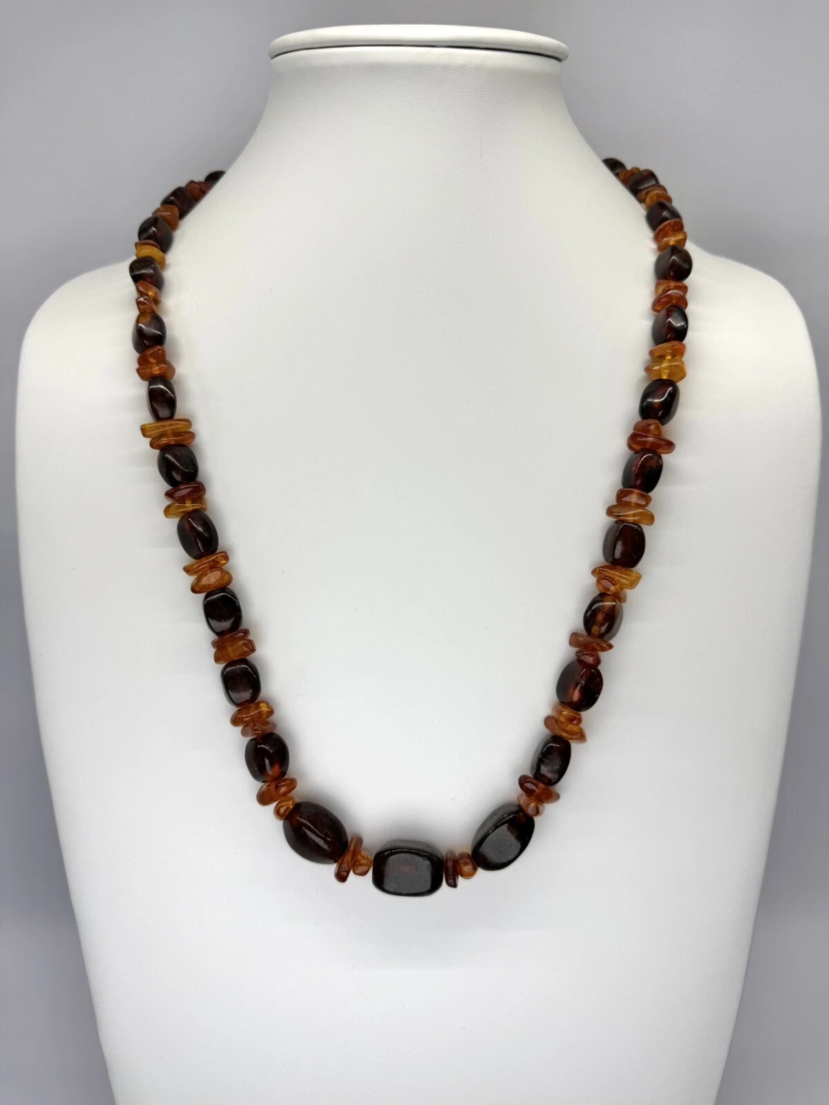 Baltic Cognac Amber Natural Pebble Bead Hand Knotted Vintage Necklace N73 24”