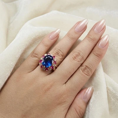 Bagues en argent sterling 925 et or rose magnifique saphir bleu royal ovale 1... - Photo 1/4