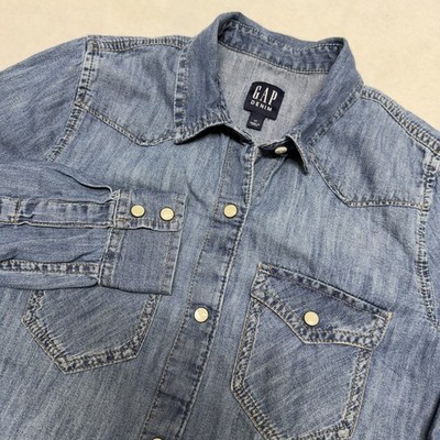 GAP Denim Shirt Women XS Blue Long Sleeve Pearl Snap Western Cowgirl Cotton