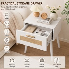 HEYZOEY Rattan Bedside Table Nightstand Drawer Solid Wood Legs Storage Unit