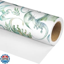 Dtiafu Dragon Wrapping Paper Roll for kids Boys Girls - Green Watercolor Drgo