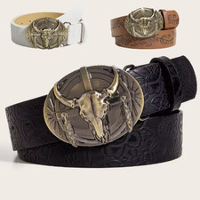 Western Cow Skull Buckle Faux Leather Belt Peony Engraved Casual Fashion Uk