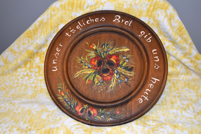 13'' German Hand Painted Wood Decorative Plate ''Give Us This Day Our Daily Bread''