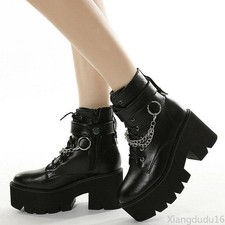 Women's Platform Combat Boots Chain Detail Chunky Heel Gothic Punk Ankle Boots