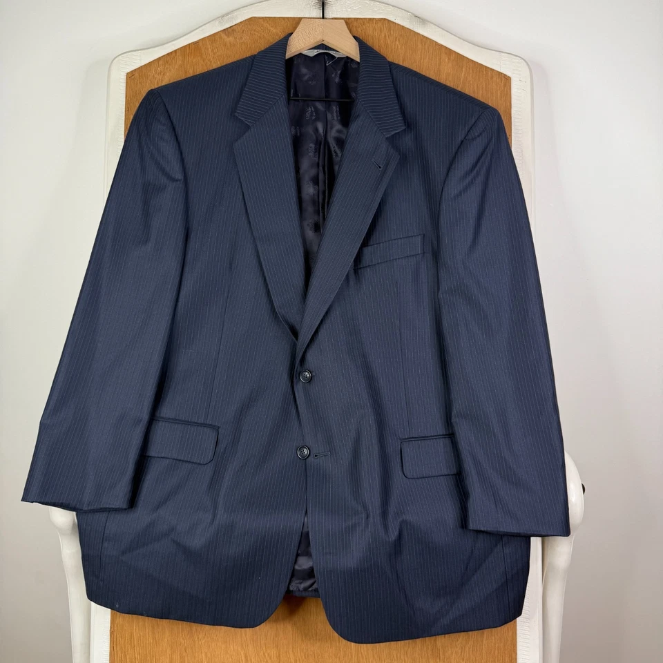 Stafford 套装男式 46R 海军蓝细条纹 2 按钮行政丝绸羊毛混纺 — 第 2/4 张图片