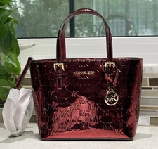 MICHAEL KORS JET TRAVEL XS ZIP CROSSBODY TOTE BAG EMBOSSED CHERRY RED METALLIC