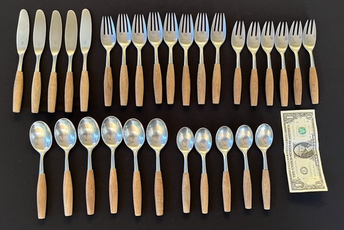 30 Pcs DANSK MCM Fjord Wood Handle Stainless 4 Ducks Logo Germany Flatware Lot - Picture 2 of 13