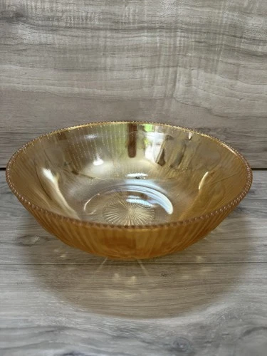 Vintage 1960’s Iridescent 8” Diameter Bowl- Flora Gold By Jeanette Glass Co.