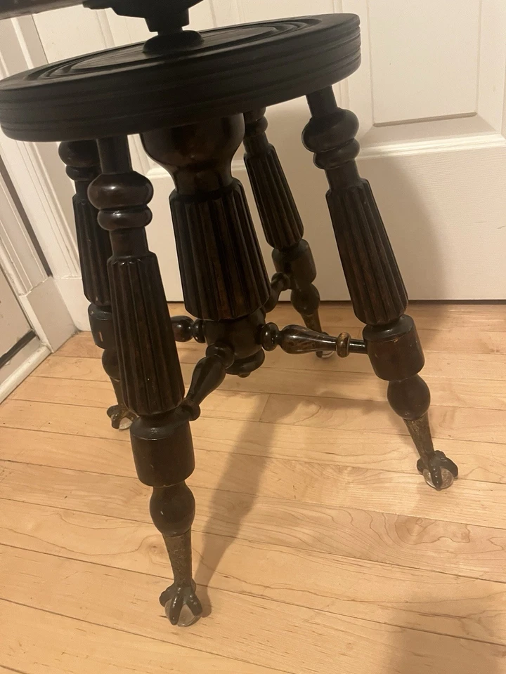 💙Taburete de piano de madera ajustable antiguo con bola de vidrio y patas de garra tapa de roble tigre Foto 2 de 4
