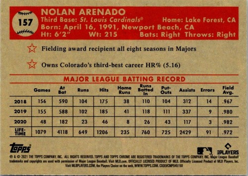 2021 Topps Chrome Platinum Anniversary #157 Nolan Arenado - Picture 2 of 2