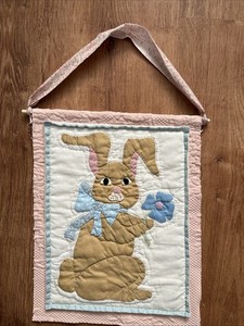 Spring Bunny Flag Appliqué Hanging, Farmhouse Shabby Chic, Vintage Quilt Fabric