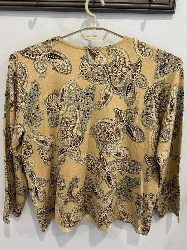 Talbots Woman Silk Blend Tan Brown Blue Paisley Long Sleeve Knit Sweater Size 3X - Image 2 of 4