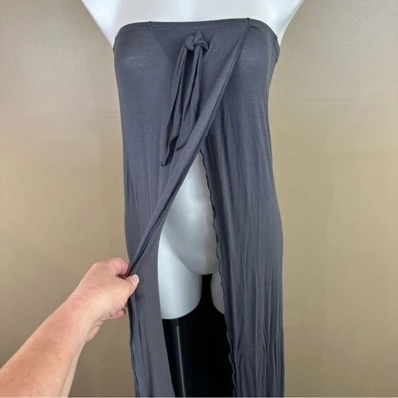 Maxi Vestido Casa Lee Gris Detalle Corbata Playa Traje de Baño Encubrimiento Pequeño Foto 3 de 4