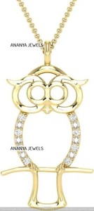 Authentic Real Diamond 0.03 cttw Animals OWL Charm Pendant Necklace 14K Yellow Gold Plated
