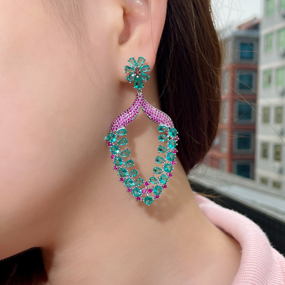 Women Big Statement Earrings Long Drop Dangle Zircon Party Silver Plated Jewelry