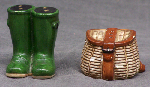 Vintage Green Boots and Brown Fishing Creel Basket Ceramic Salt & Pepper Shakers