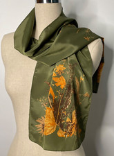 Vera Neumann-Vintage Oblong Scarf-Olive Green w/ Gold  Brown Wildflowers-Signed