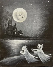 5x7 PRINT OF PAINTING HALLOWEEN RYTA BLACK CAT Folk Art Vintage Style house lake