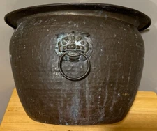Antique 14” Round Hand Wrought Hammered Brass Pot Cauldron~Dragon Bust Lift Ring