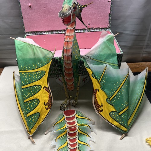 Vintage Chinese Hand Painted Dragon Kite Rice Paper Bamboo Wood Frame
